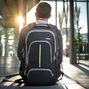 A man sitting in a airport with his TSA-friendly backpack waits for security checks