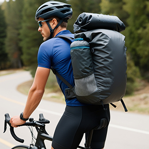 a man with his cycle and cycling backpack