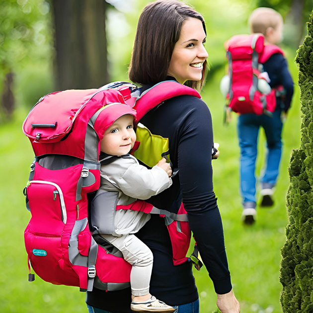 a mother is carrying her child in a Child Carrier Backpack